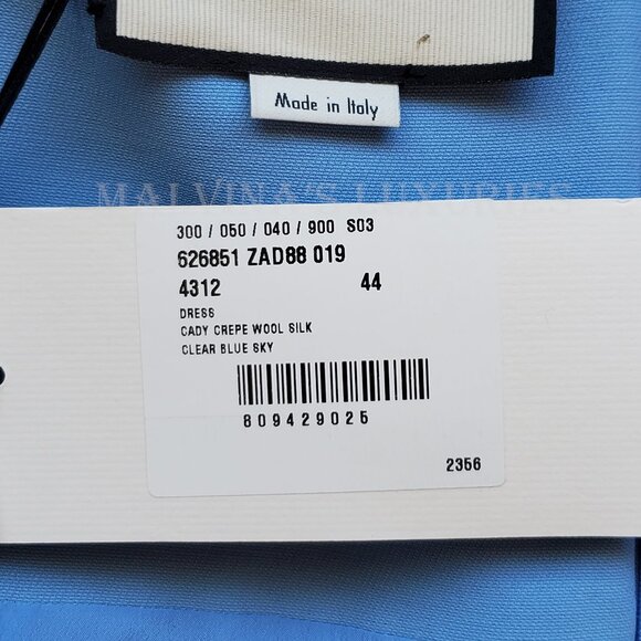GUCCI DRESS CADY CREPE WOOL SILK SKY BLUE w CRYSTAL G LOGO sz IT 44 US 8 - Picture 11 of 15